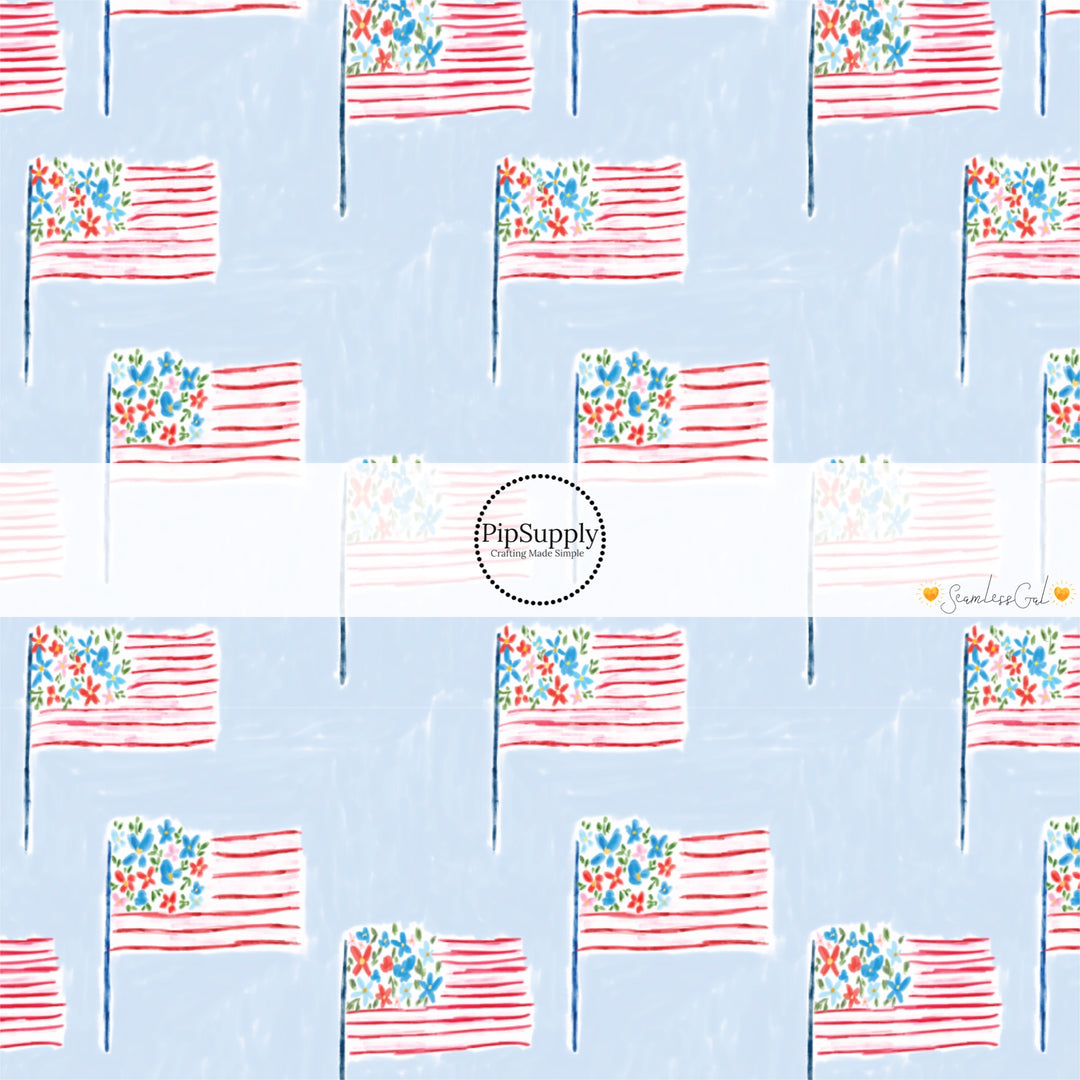 These 4th of July themed no sew bow strips can be easily tied and attached to a clip for a finished hair bow. These patterned bow strips are great for personal use or to sell. These bow strips features pattern American flags on light blue.