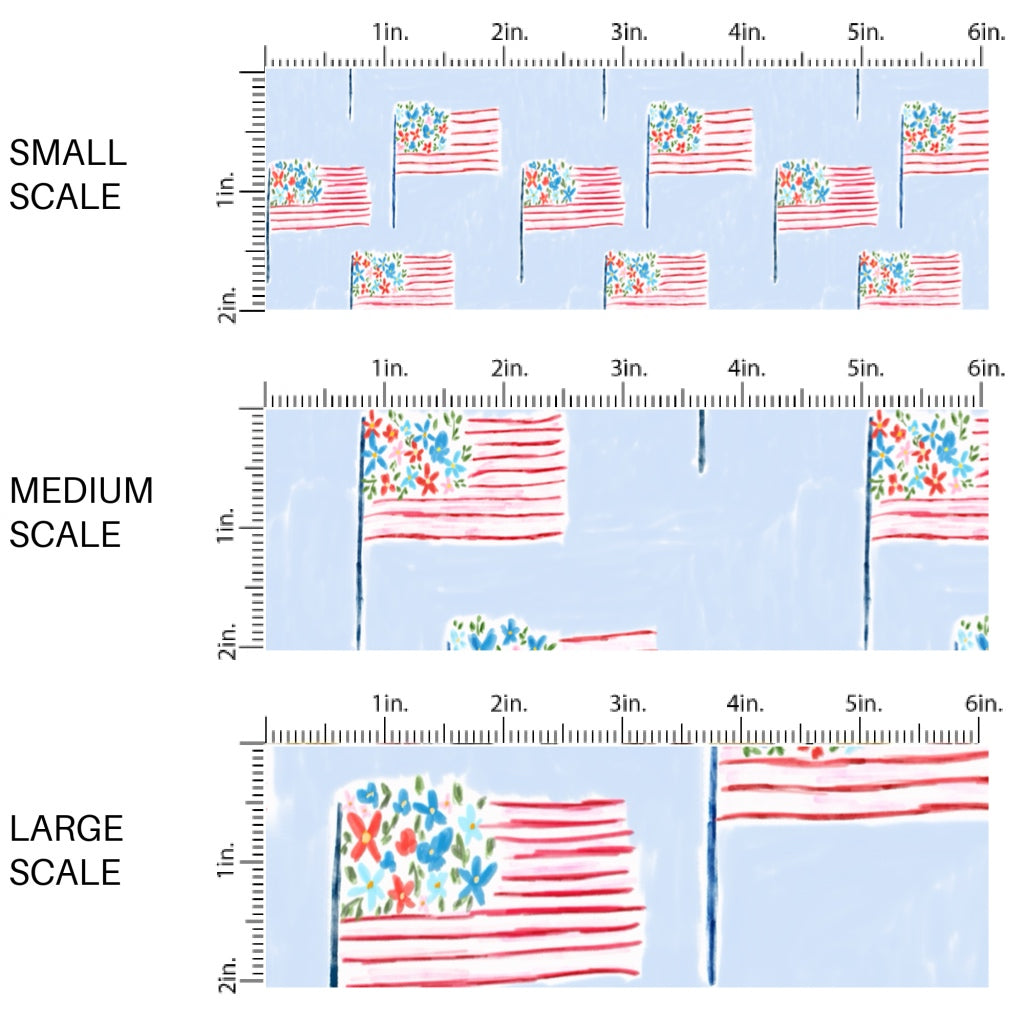 This scale chart of small scale, medium scale, and large scale of this 4th of July fabric by the yard features patterned American flags on light blue. This fun patriotic themed fabric can be used for all your sewing and crafting needs!