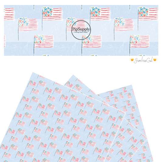 These 4th of July faux leather sheets contain the following design elements: American flags on light blue. Our CPSIA compliant faux leather sheets or rolls can be used for all types of crafting projects.