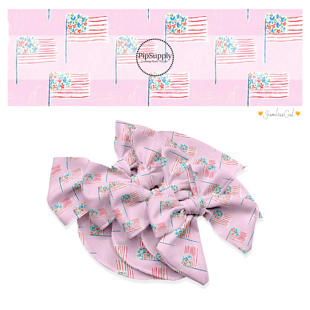 These 4th of July themed no sew bow strips can be easily tied and attached to a clip for a finished hair bow. These patterned bow strips are great for personal use or to sell. These bow strips features pattern American flags on light pink.