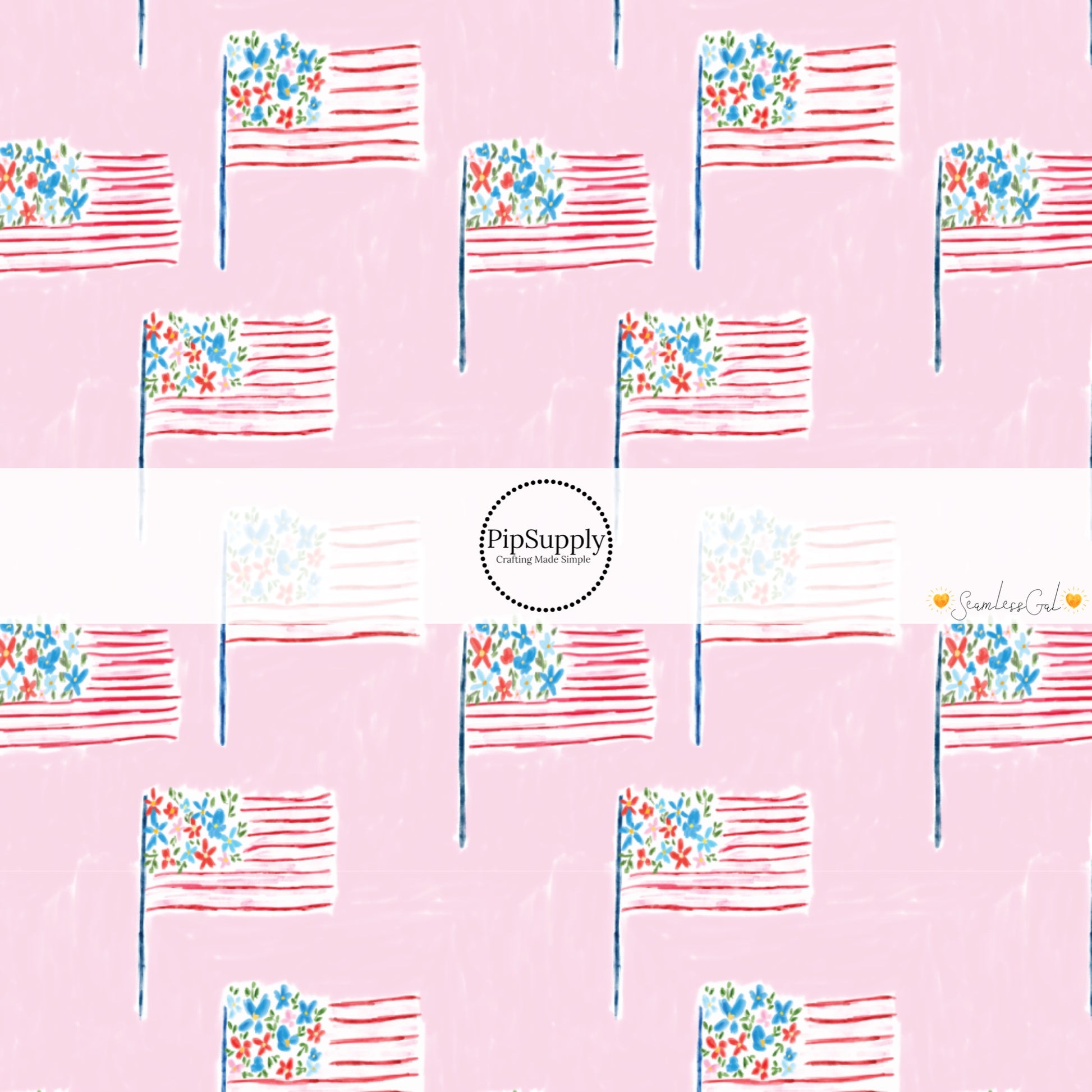 These 4th of July themed no sew bow strips can be easily tied and attached to a clip for a finished hair bow. These patterned bow strips are great for personal use or to sell. These bow strips features pattern American flags on light pink.