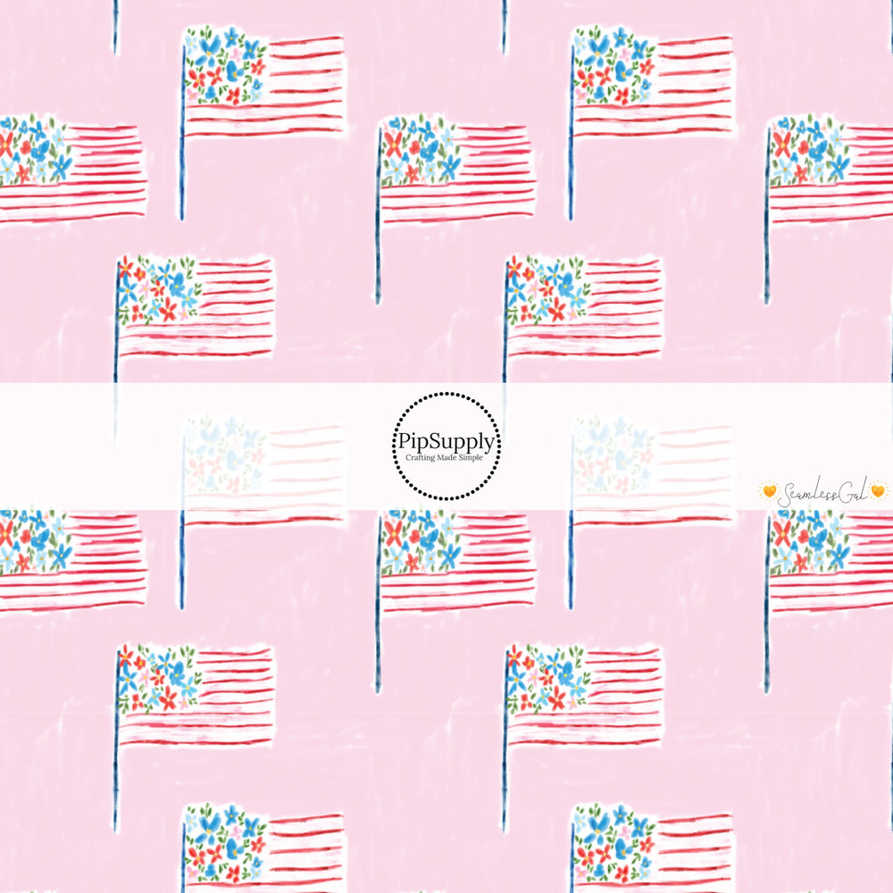 These 4th of July themed no sew bow strips can be easily tied and attached to a clip for a finished hair bow. These patterned bow strips are great for personal use or to sell. These bow strips features pattern American flags on light pink.