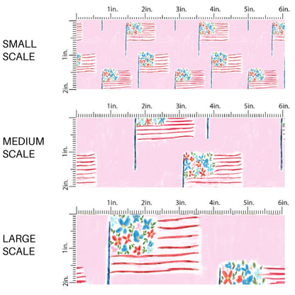 This scale chart of small scale, medium scale, and large scale of this 4th of July fabric by the yard features patterned American flags on light pink. This fun patriotic themed fabric can be used for all your sewing and crafting needs!