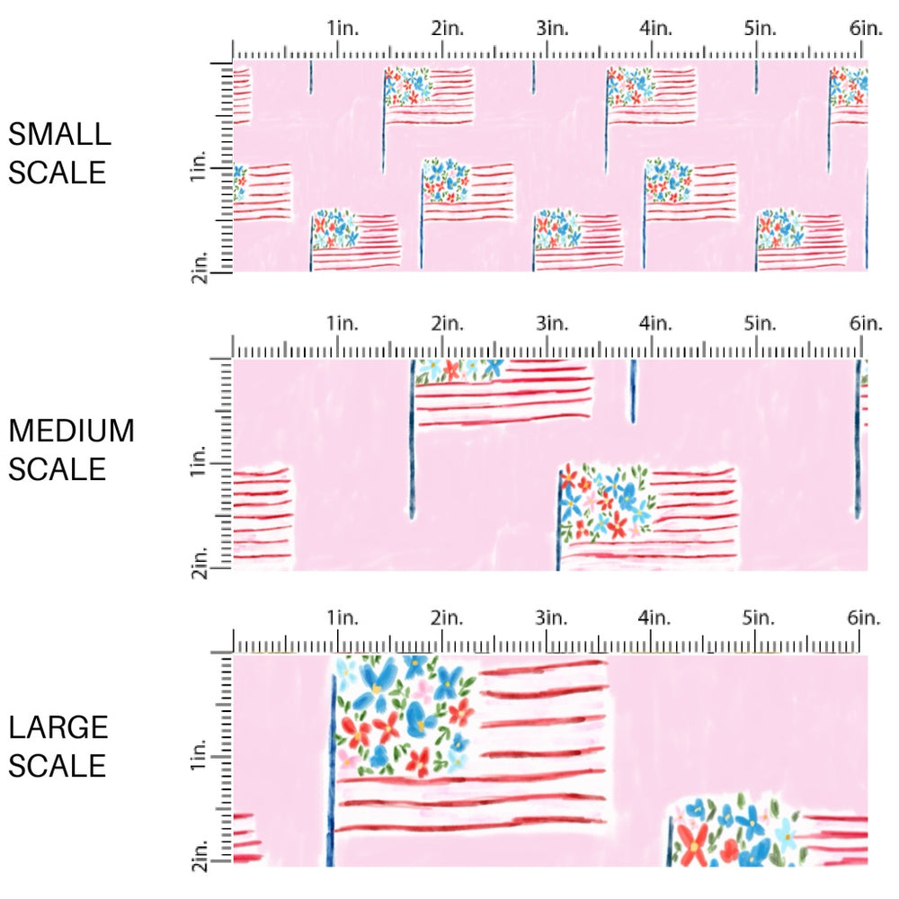 This scale chart of small scale, medium scale, and large scale of this 4th of July fabric by the yard features patterned American flags on light pink. This fun patriotic themed fabric can be used for all your sewing and crafting needs!