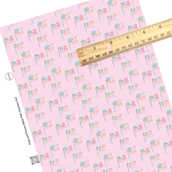 These 4th of July faux leather sheets contain the following design elements: American flags on light pink. Our CPSIA compliant faux leather sheets or rolls can be used for all types of crafting projects.