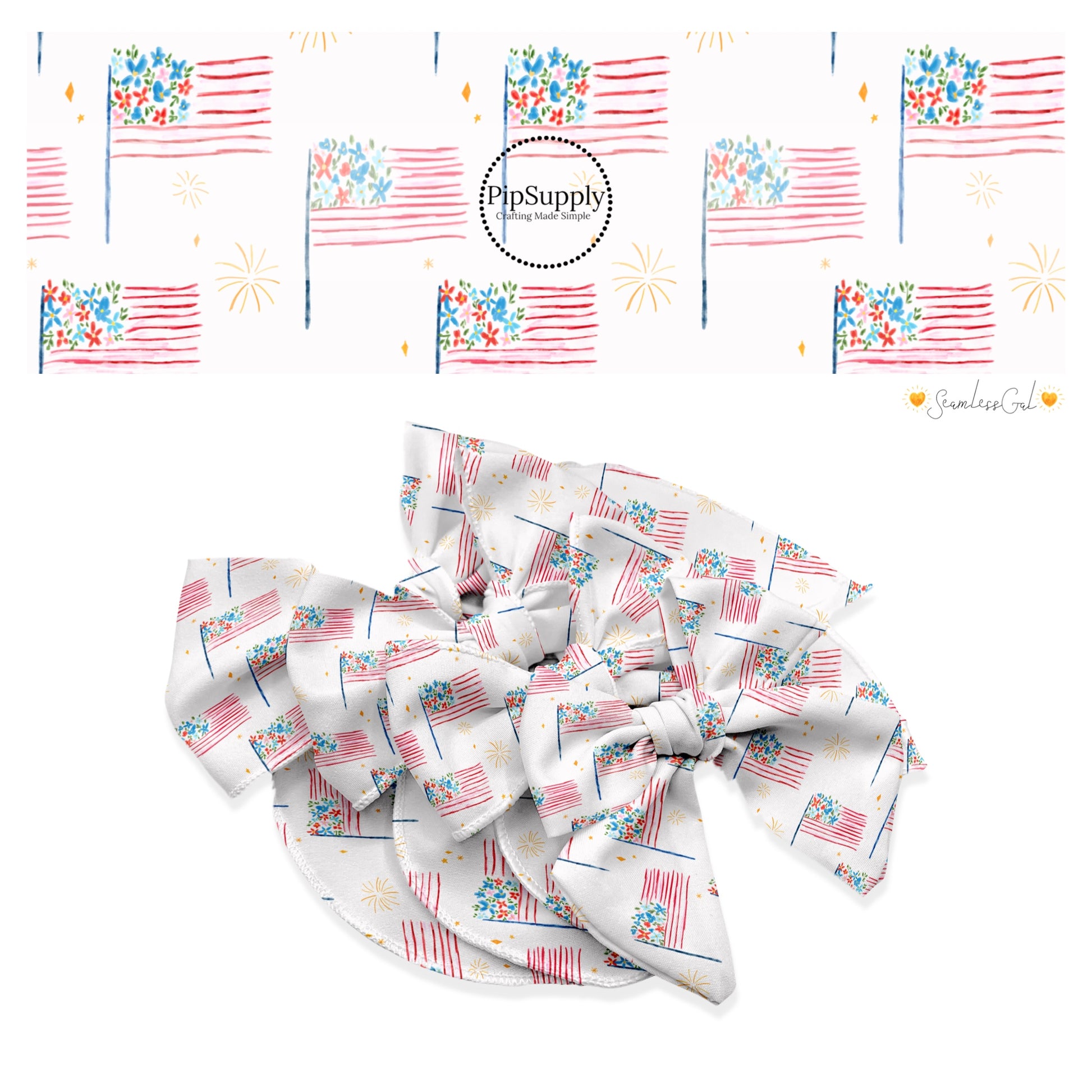 These 4th of July themed no sew bow strips can be easily tied and attached to a clip for a finished hair bow. These patterned bow strips are great for personal use or to sell. These bow strips features pattern American flags on cream.