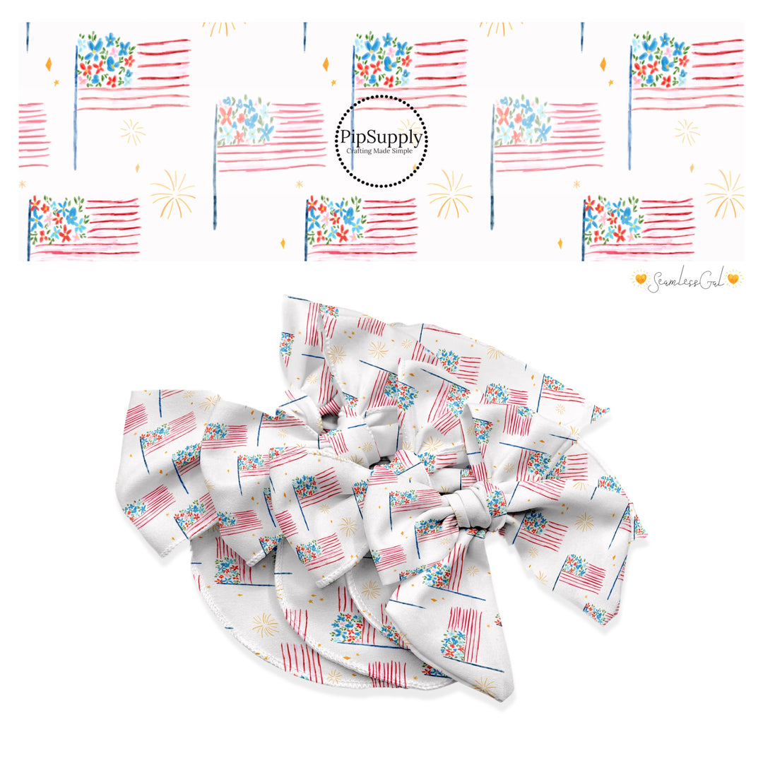 These 4th of July themed no sew bow strips can be easily tied and attached to a clip for a finished hair bow. These patterned bow strips are great for personal use or to sell. These bow strips features pattern American flags on cream.