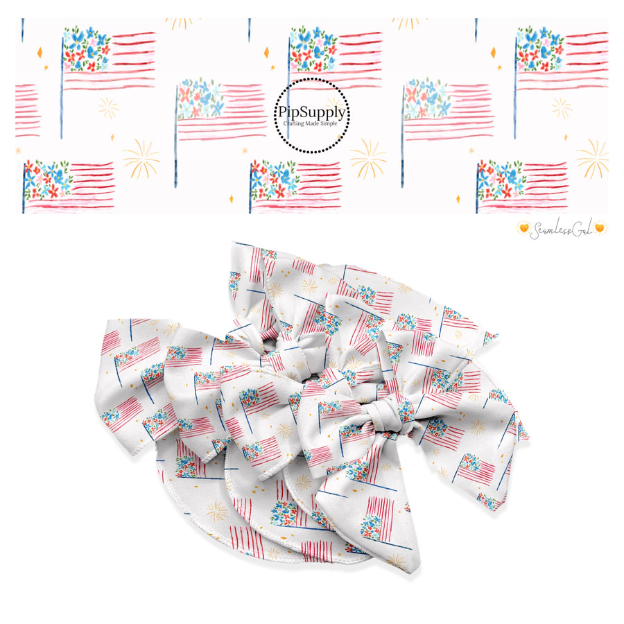 These 4th of July themed no sew bow strips can be easily tied and attached to a clip for a finished hair bow. These patterned bow strips are great for personal use or to sell. These bow strips features pattern American flags on cream.