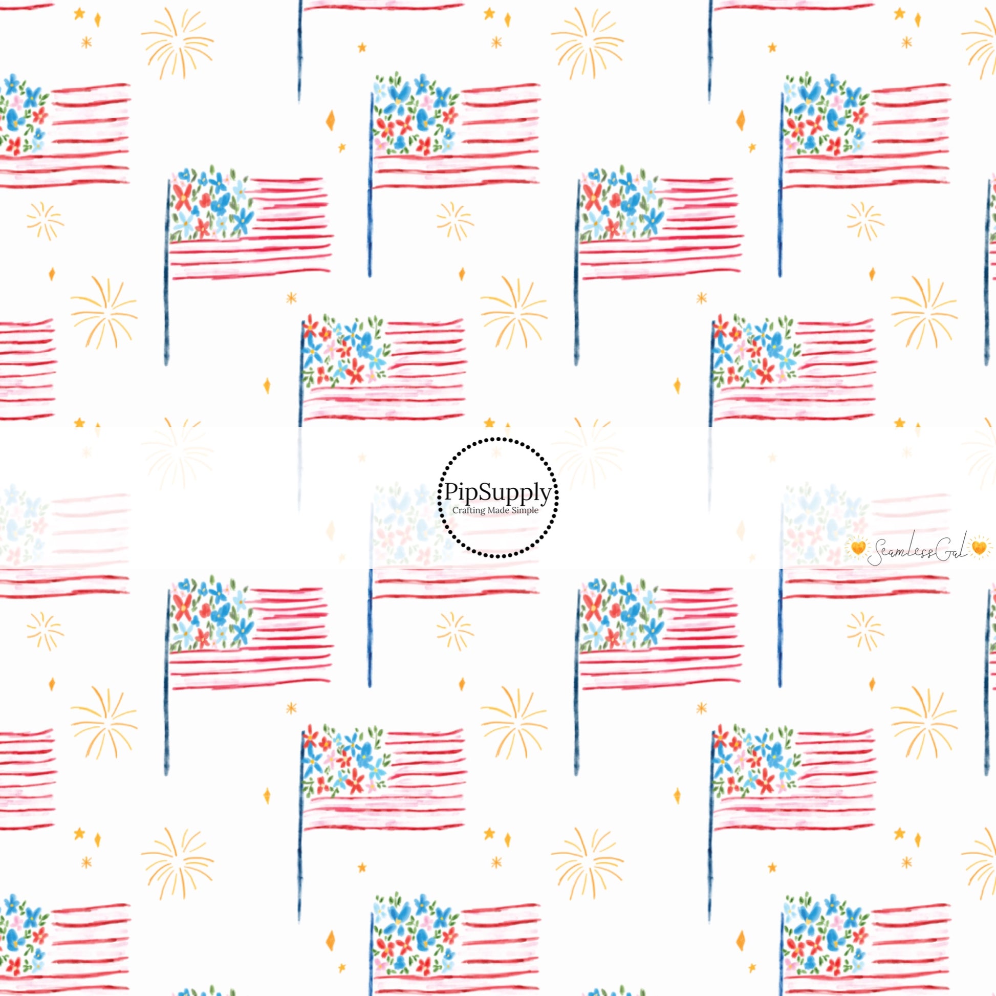 These 4th of July themed no sew bow strips can be easily tied and attached to a clip for a finished hair bow. These patterned bow strips are great for personal use or to sell. These bow strips features pattern American flags on cream.