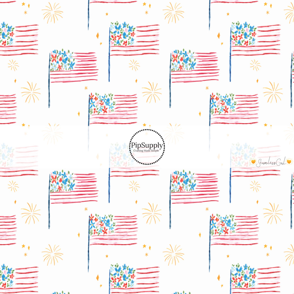 These 4th of July themed no sew bow strips can be easily tied and attached to a clip for a finished hair bow. These patterned bow strips are great for personal use or to sell. These bow strips features pattern American flags on cream.