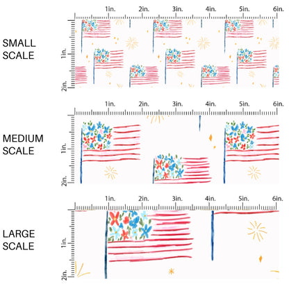 This scale chart of small scale, medium scale, and large scale of this 4th of July fabric by the yard features patterned American flags on cream. This fun patriotic themed fabric can be used for all your sewing and crafting needs!