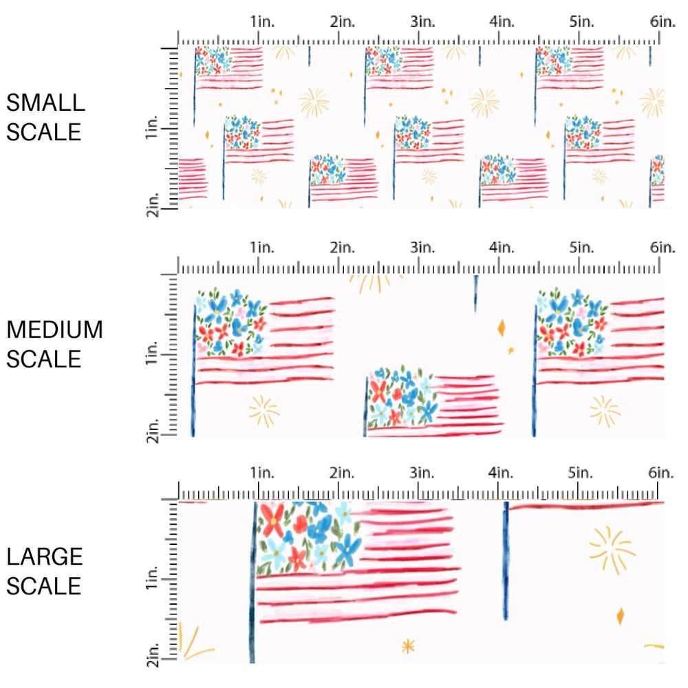 This scale chart of small scale, medium scale, and large scale of this 4th of July fabric by the yard features patterned American flags on cream. This fun patriotic themed fabric can be used for all your sewing and crafting needs!