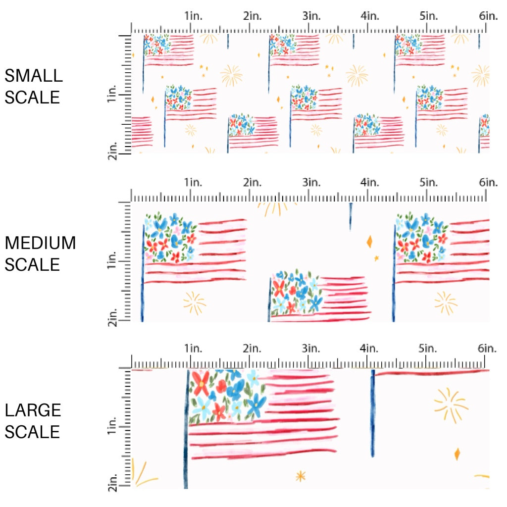 This scale chart of small scale, medium scale, and large scale of this 4th of July fabric by the yard features patterned American flags on cream. This fun patriotic themed fabric can be used for all your sewing and crafting needs!