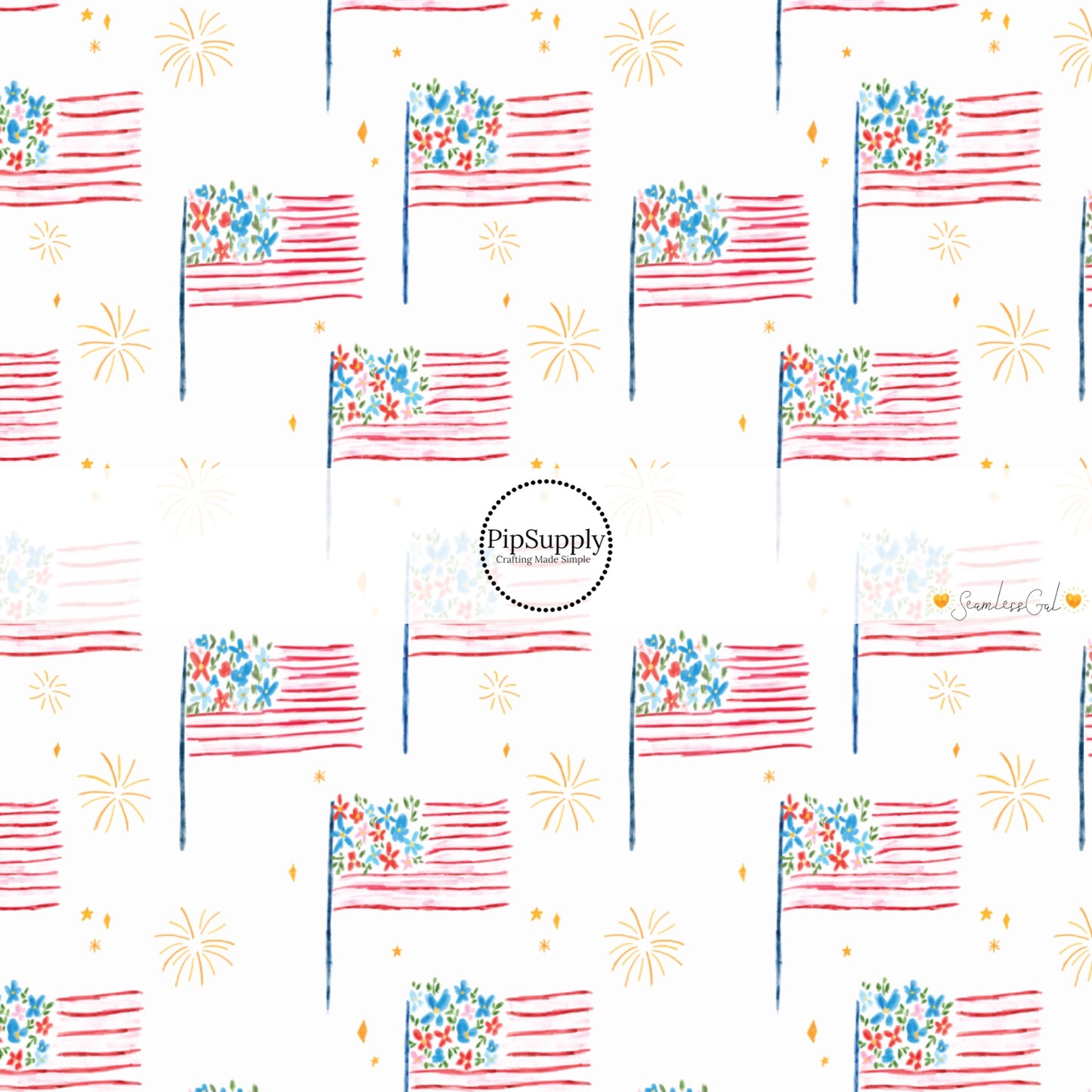 This 4th of July fabric by the yard features patterned American flags on cream. This fun patriotic themed fabric can be used for all your sewing and crafting needs!