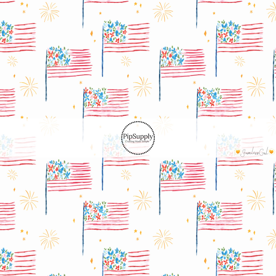 This 4th of July fabric by the yard features patterned American flags on cream. This fun patriotic themed fabric can be used for all your sewing and crafting needs!