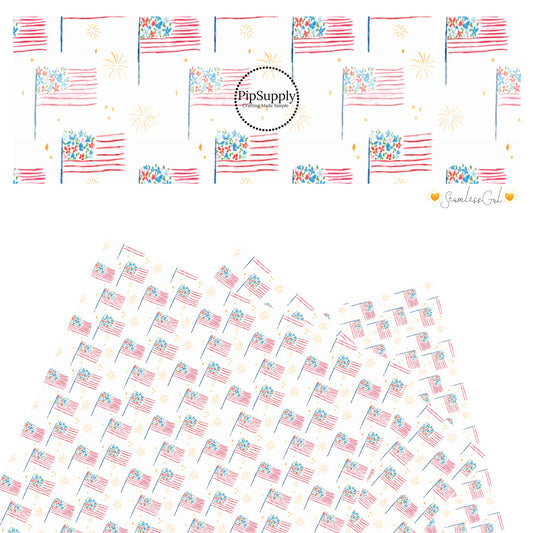 These 4th of July faux leather sheets contain the following design elements: American flags on cream. Our CPSIA compliant faux leather sheets or rolls can be used for all types of crafting projects.