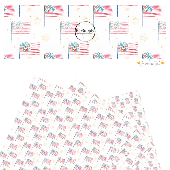 These 4th of July faux leather sheets contain the following design elements: American flags on cream. Our CPSIA compliant faux leather sheets or rolls can be used for all types of crafting projects.