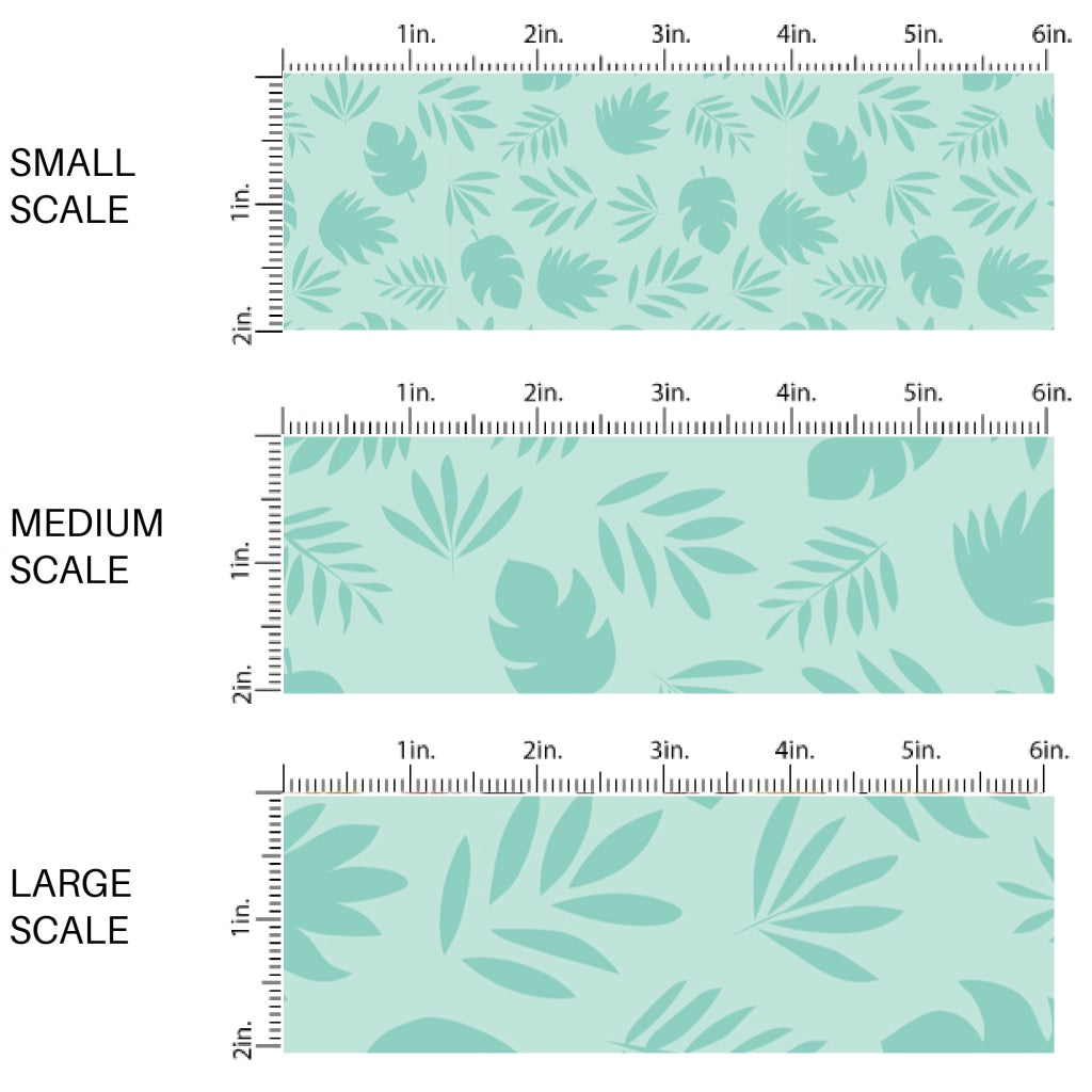 This scale chart of small scale, medium scale, and large scale of this summer fabric by the yard features mint foliage palms. This fun summer themed fabric can be used for all your sewing and crafting needs!