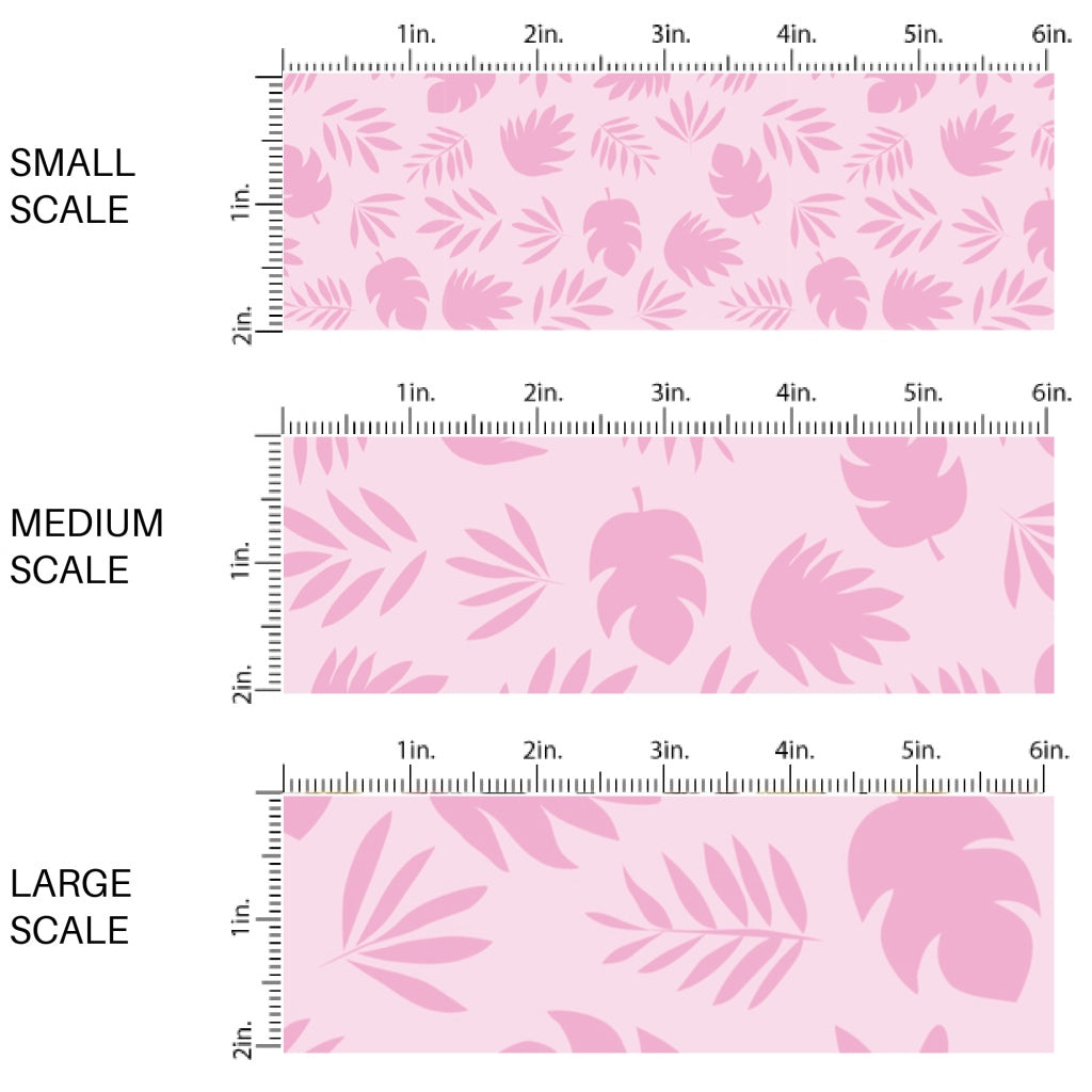 This scale chart of small scale, medium scale, and large scale of this summer fabric by the yard features light pink foliage palms. This fun summer themed fabric can be used for all your sewing and crafting needs!