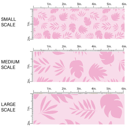This scale chart of small scale, medium scale, and large scale of this summer fabric by the yard features light pink foliage palms. This fun summer themed fabric can be used for all your sewing and crafting needs!