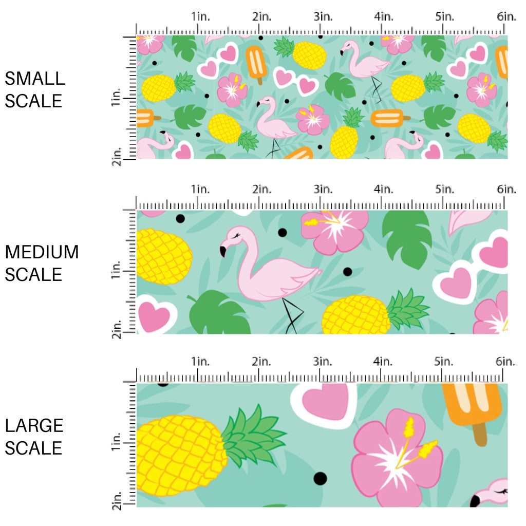 This scale chart of small scale, medium scale, and large scale of this summer fabric by the yard features tropical fun with flamingos and pineapples. This fun summer themed fabric can be used for all your sewing and crafting needs!