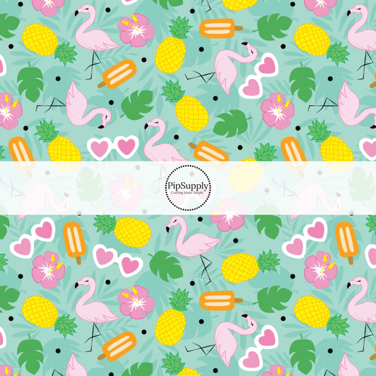 This summer fabric by the yard features tropical fun with flamingos and pineapples. This fun summer themed fabric can be used for all your sewing and crafting needs!