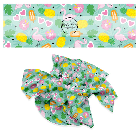 These summer tropical themed no sew bow strips can be easily tied and attached to a clip for a finished hair bow. These summer patterned bow strips are great for personal use or to sell. These bow strips feature tropical fun with flamingos and pineapples.
