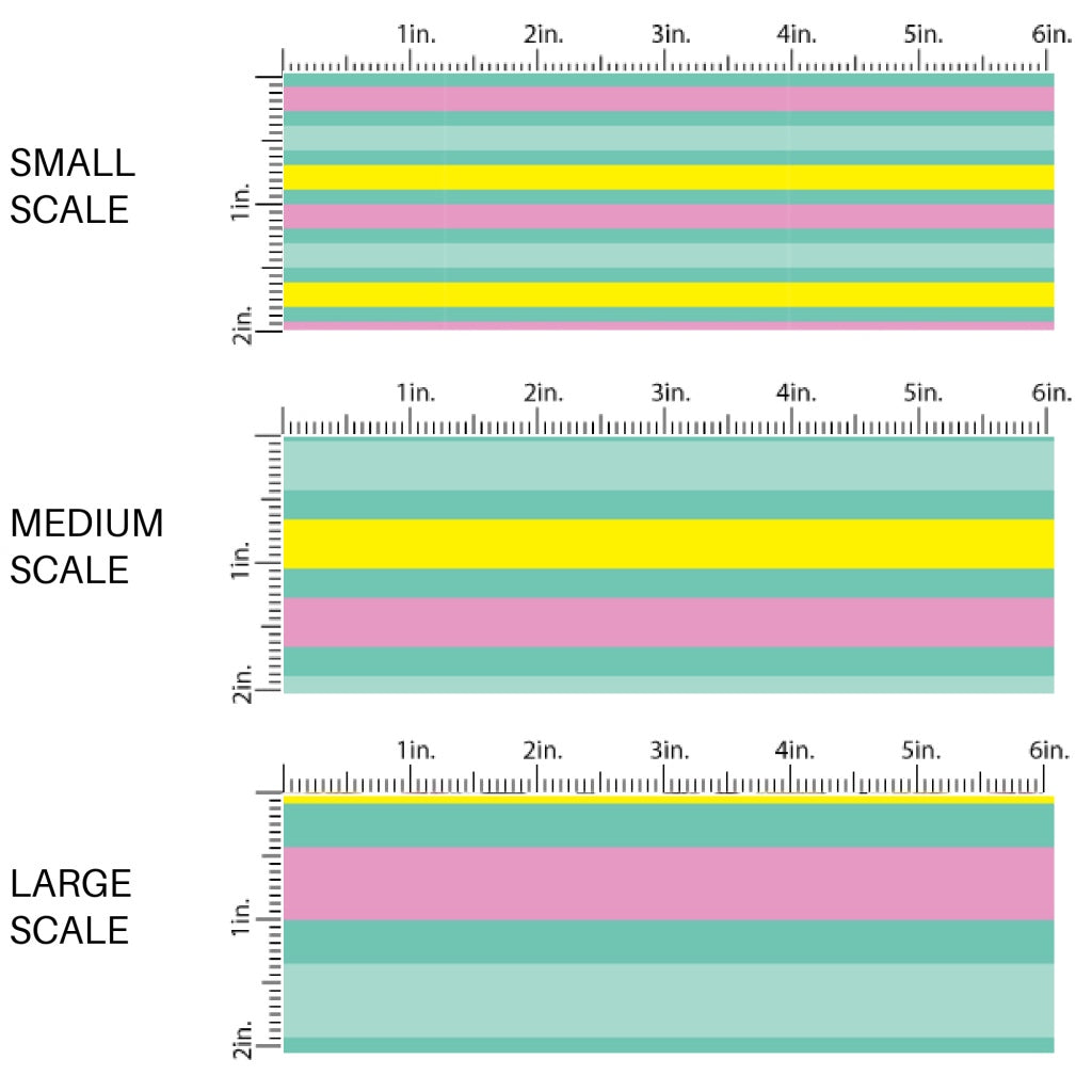 This scale chart of small scale, medium scale, and large scale of this summer fabric by the yard features tropical stripes. This fun summer themed fabric can be used for all your sewing and crafting needs!