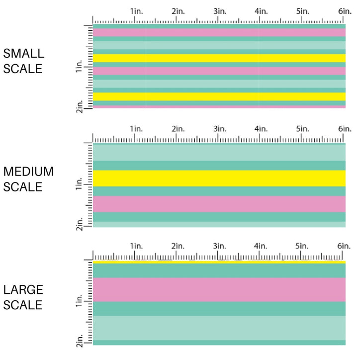 This scale chart of small scale, medium scale, and large scale of this summer fabric by the yard features tropical stripes. This fun summer themed fabric can be used for all your sewing and crafting needs!