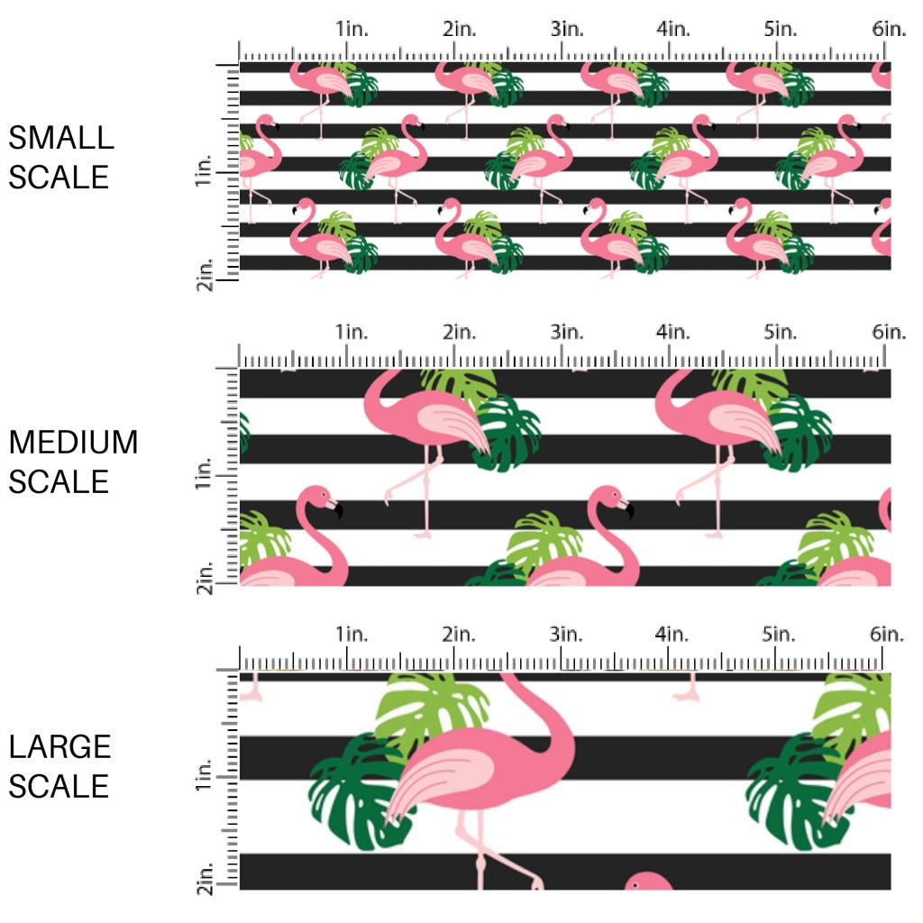 This scale chart of small scale, medium scale, and large scale of this summer fabric by the yard features flamingos on black and white stripe pattern. This fun summer themed fabric can be used for all your sewing and crafting needs!