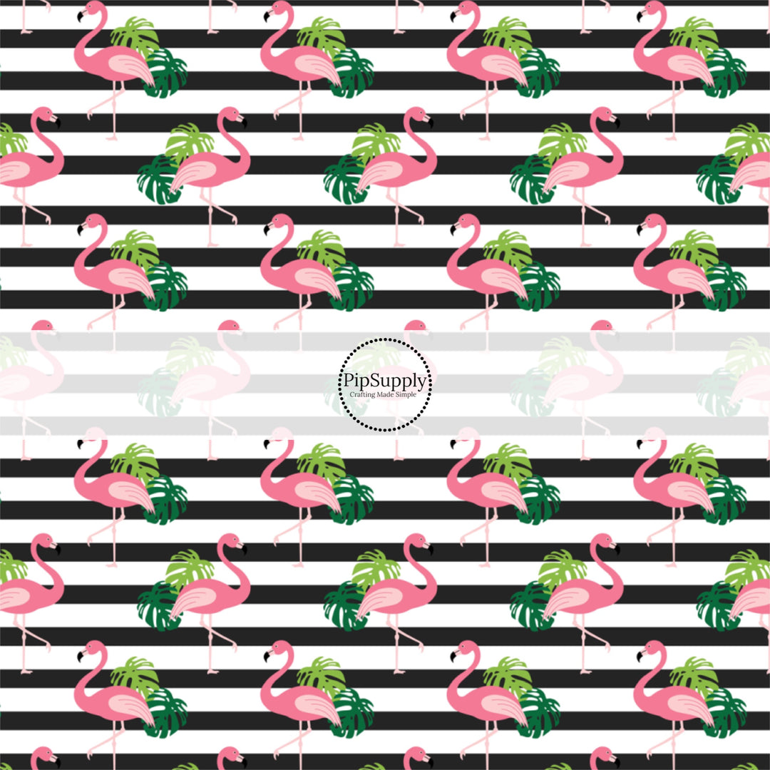 This summer fabric by the yard features flamingos on black and white stripe pattern. This fun summer themed fabric can be used for all your sewing and crafting needs!