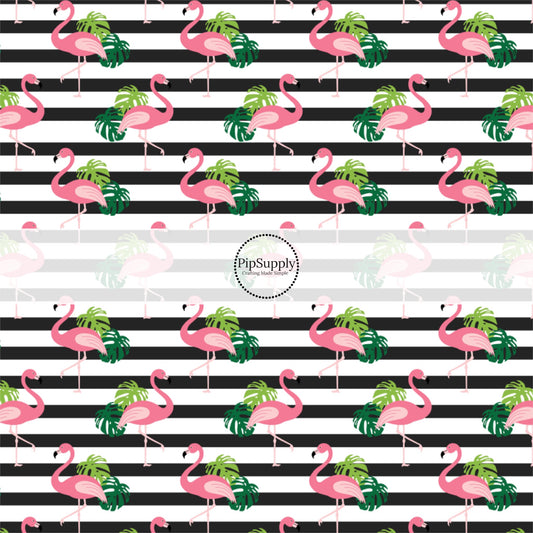 This summer fabric by the yard features flamingos on black and white stripe pattern. This fun summer themed fabric can be used for all your sewing and crafting needs!