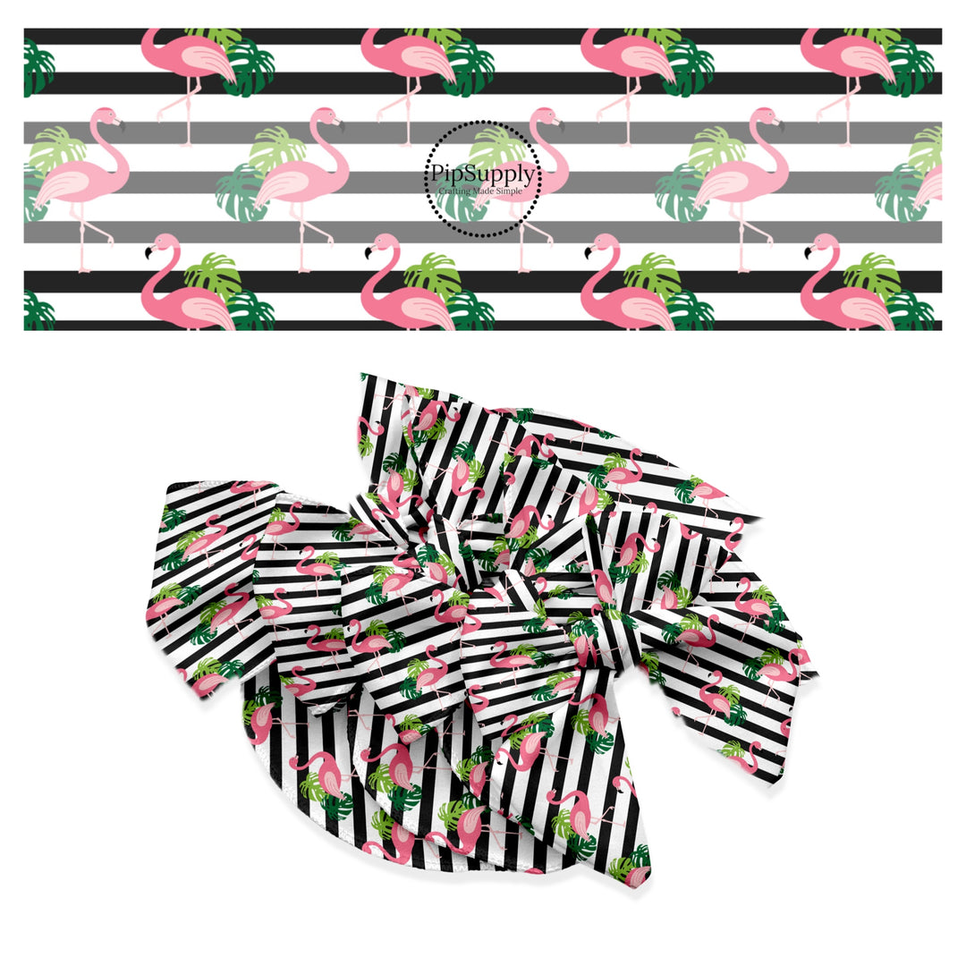 These summer themed no sew bow strips can be easily tied and attached to a clip for a finished hair bow. These summer patterned bow strips are great for personal use or to sell. These bow strips feature flamingos on black and white stripe pattern.