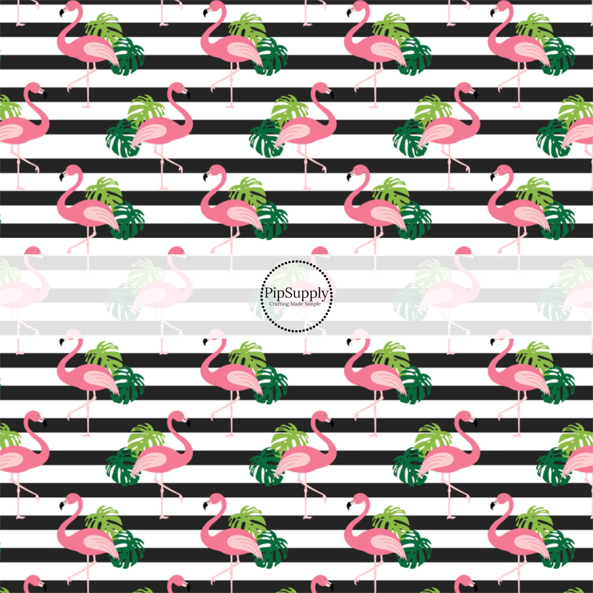 These summer themed no sew bow strips can be easily tied and attached to a clip for a finished hair bow. These summer patterned bow strips are great for personal use or to sell. These bow strips feature flamingos on black and white stripe pattern.