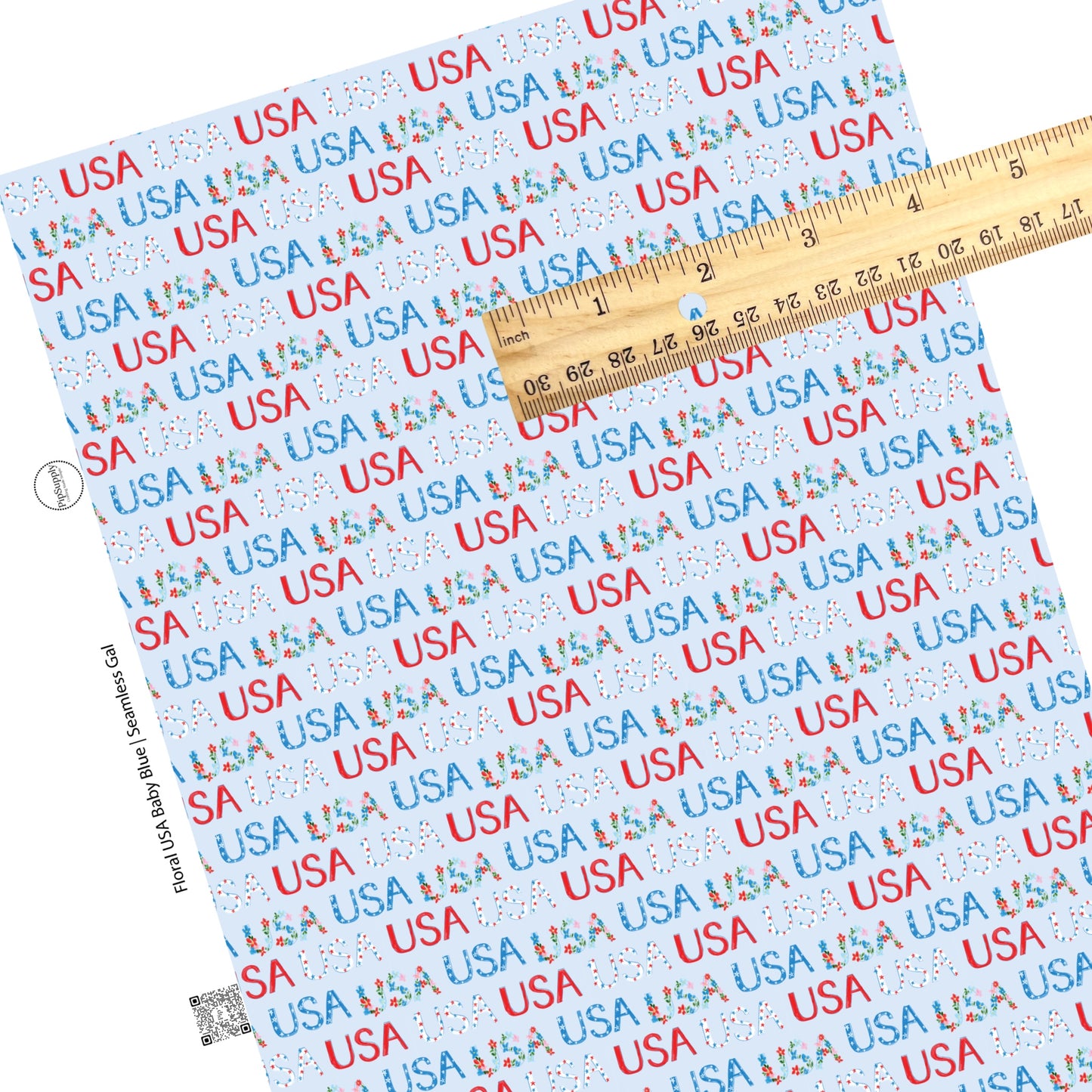 These 4th of July faux leather sheets contain the following design elements: patterned "USA" words on light blue. Our CPSIA compliant faux leather sheets or rolls can be used for all types of crafting projects.