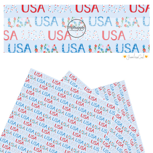 These 4th of July faux leather sheets contain the following design elements: patterned "USA" words on light blue. Our CPSIA compliant faux leather sheets or rolls can be used for all types of crafting projects.