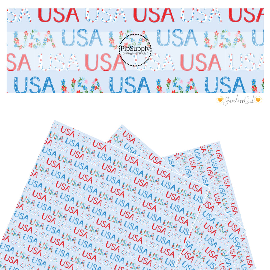 These 4th of July faux leather sheets contain the following design elements: patterned "USA" words on light blue. Our CPSIA compliant faux leather sheets or rolls can be used for all types of crafting projects.