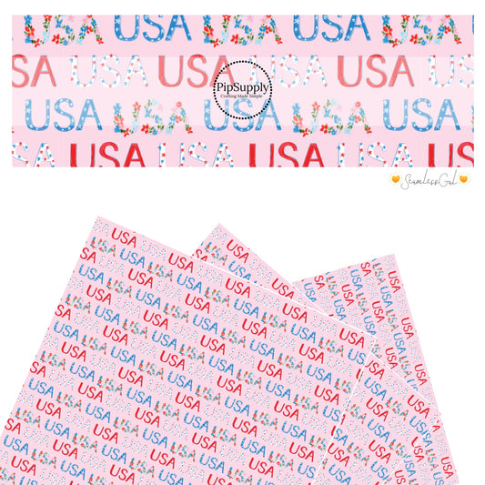 These 4th of July faux leather sheets contain the following design elements: patterned "USA" words on light pink. Our CPSIA compliant faux leather sheets or rolls can be used for all types of crafting projects.
