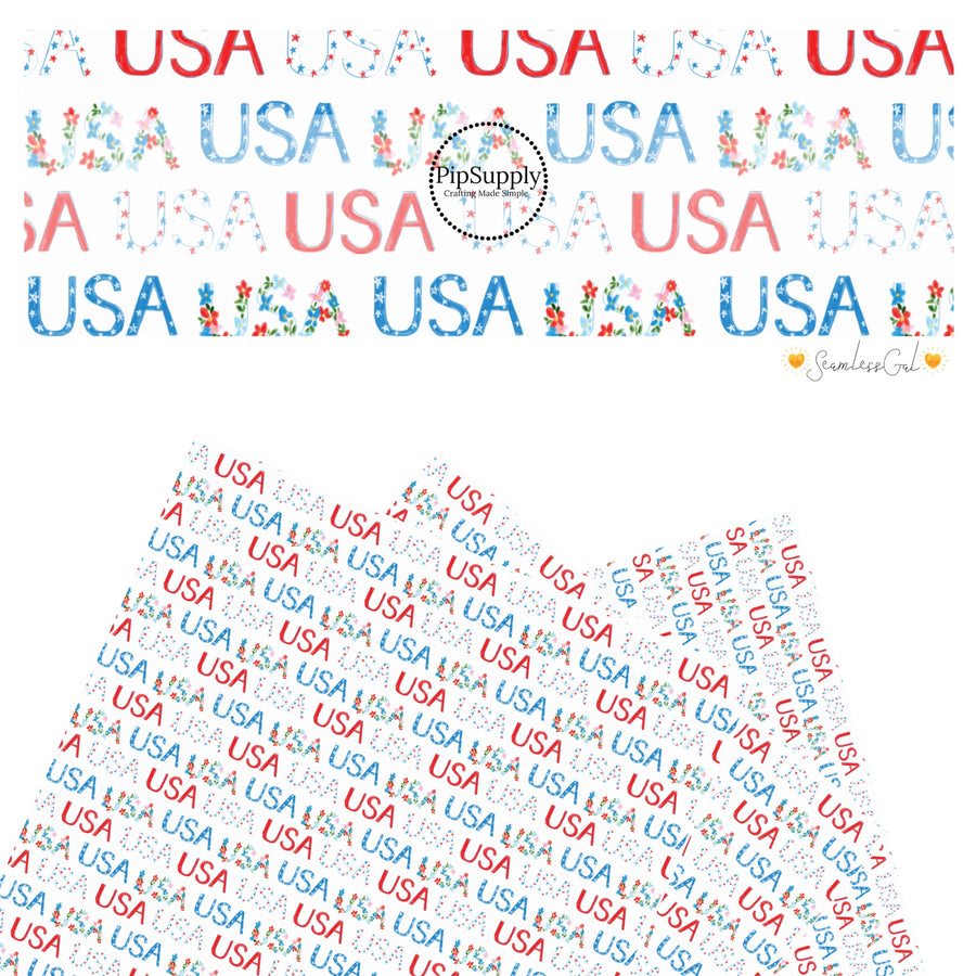 These 4th of July faux leather sheets contain the following design elements: patterned "USA" words on cream. Our CPSIA compliant faux leather sheets or rolls can be used for all types of crafting projects.