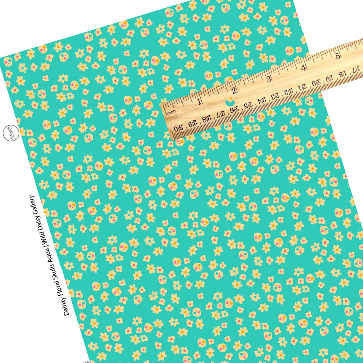 Floral skulls cream on aqua faux leather sheets