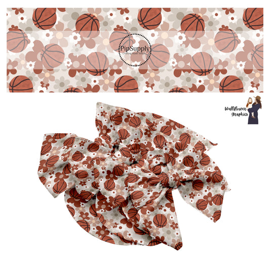Basketballs on multi brown floral hair bow strips