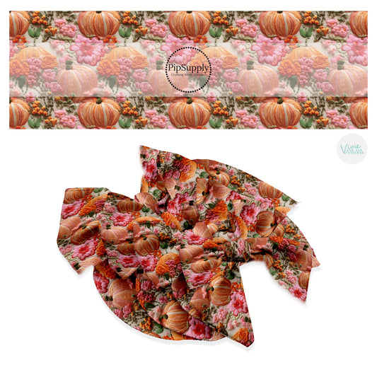 Bright pumpkins and flowers  embroidered hair bow strips