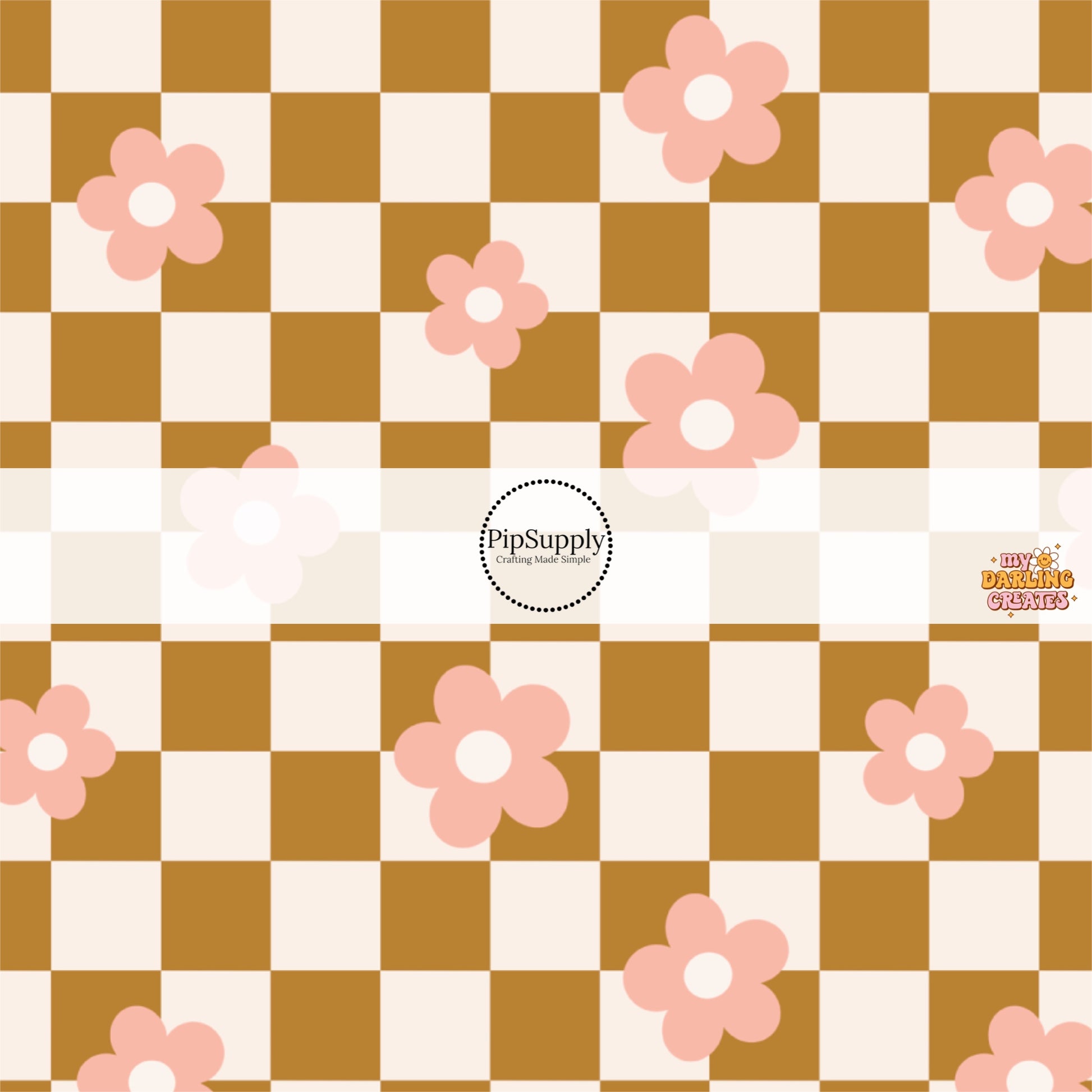 Brown and cream checkered with pink flowers hair bow strips