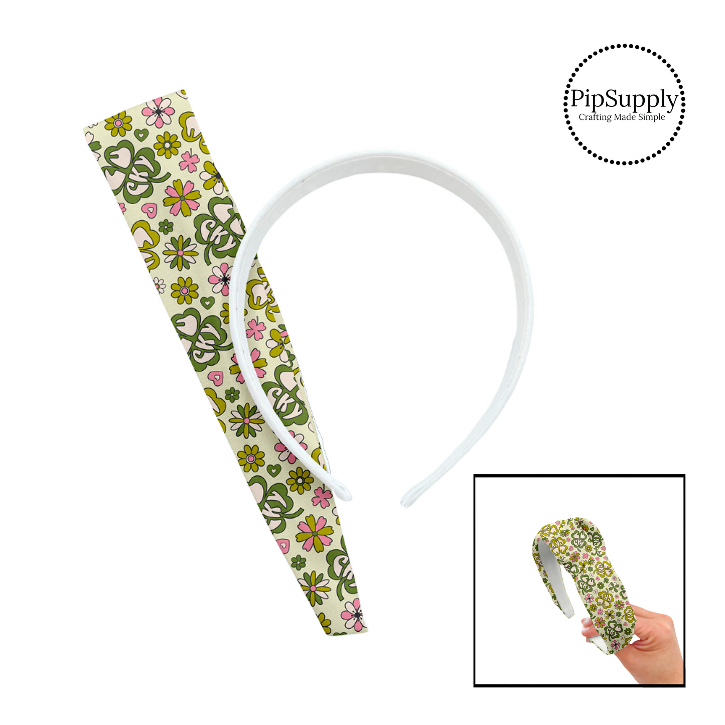 Flowers, hearts, and clovers with "lucky" on light green knotted headband kit