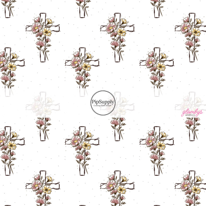 This Easter themed fabric by the yard features crosses with flowers. This fun pattern fabric can be used for all your sewing and crafting needs!