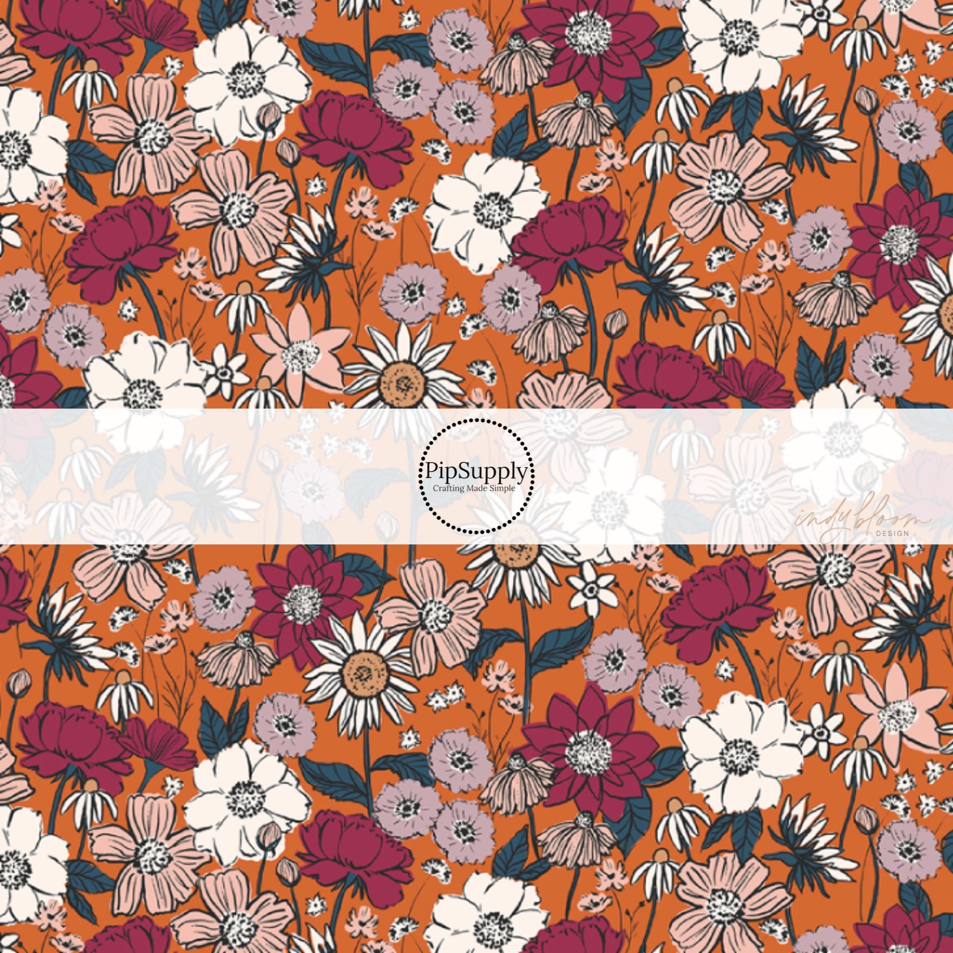 These fall floral themed fabric by the yard features autumn flowers on orange. This fun floral themed fabric can be used for all your sewing and crafting needs! 