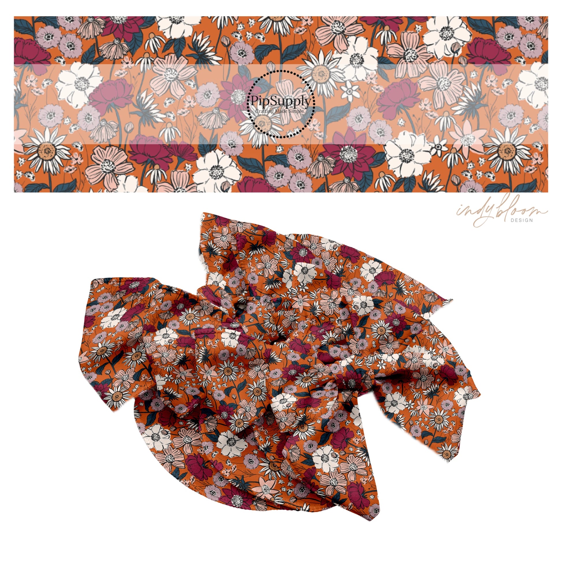 These fall themed no sew bow strips can be easily tied and attached to a clip for a finished hair bow. These fun floral bow strips are great for personal use or to sell. The bow stripes features autumn flowers on orange. 