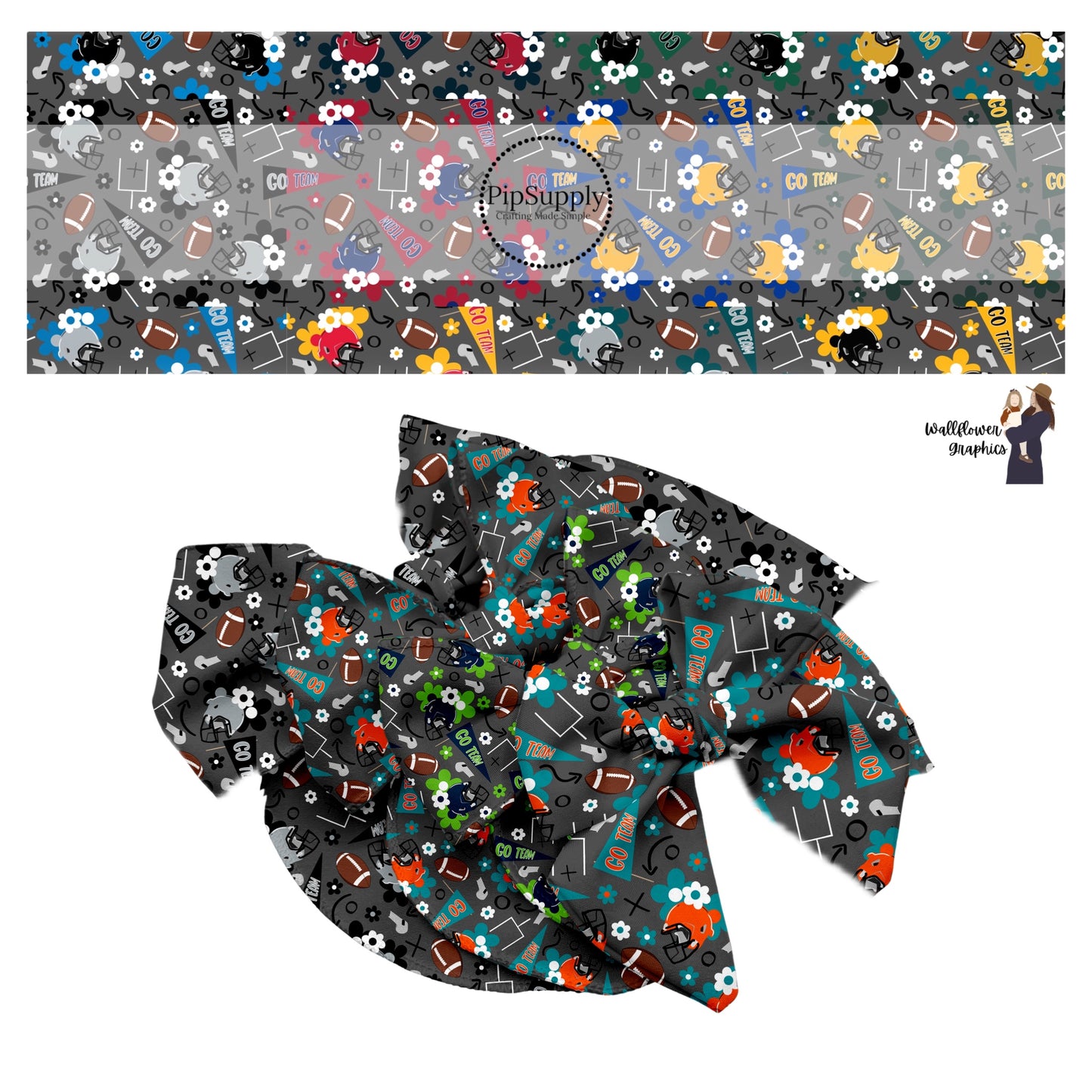 Floral Football Team Colors Hair Bow Strips - 32 Combinations