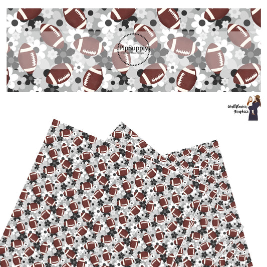 Footballs on black and gray multi floral faux leather sheets
