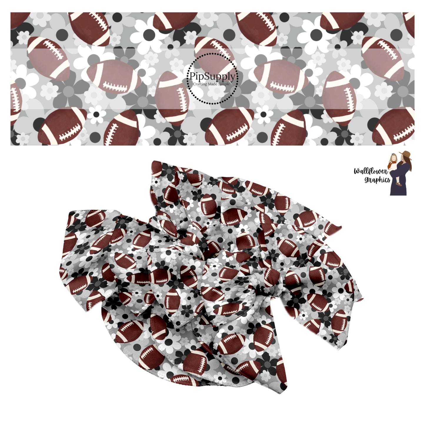 Footballs with black and white flowers on gray hair bow strips